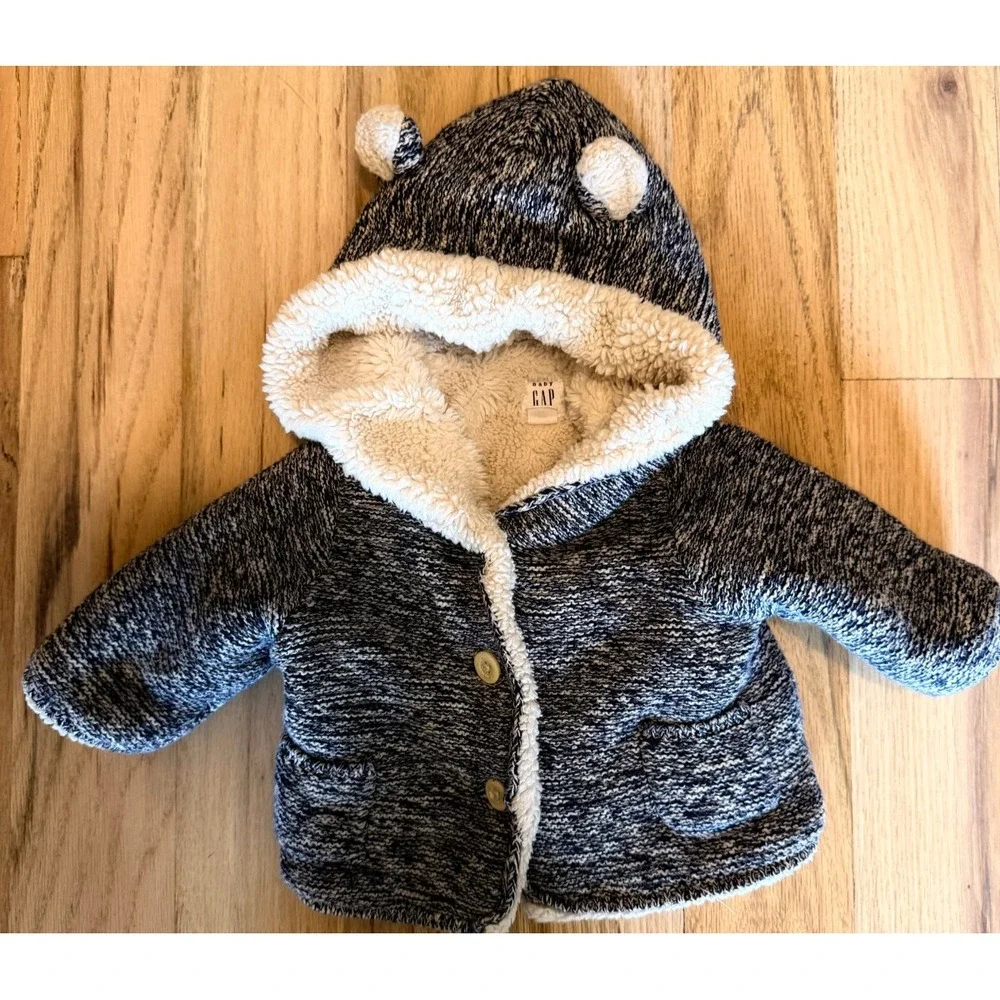 Baby GAP Sherpa Lined Knit Bear Ear Hoodie Jacket Cardigan Sweater 0-3 Navy